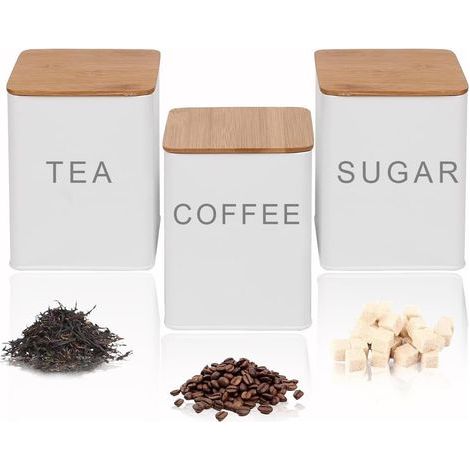 Ensemble de 3 boîtes de rangement pour thé, café et sucre, avec couvercle hermétique en bambou, blanches - Bocaux carrés (1/5)