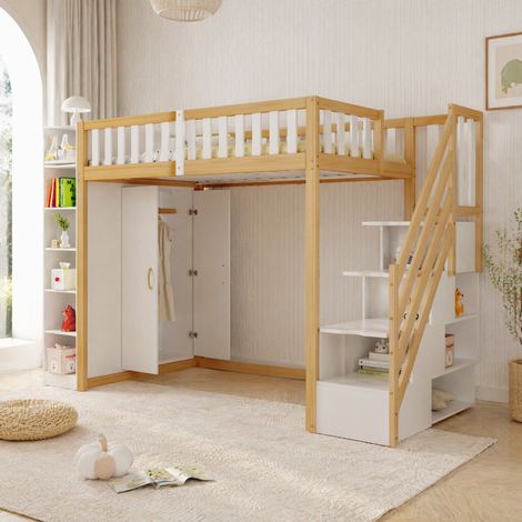 Lit mezzanine 90x200 cm multifonction en bois marron avec armoire, étagères et échelle de sécurité (1/5)