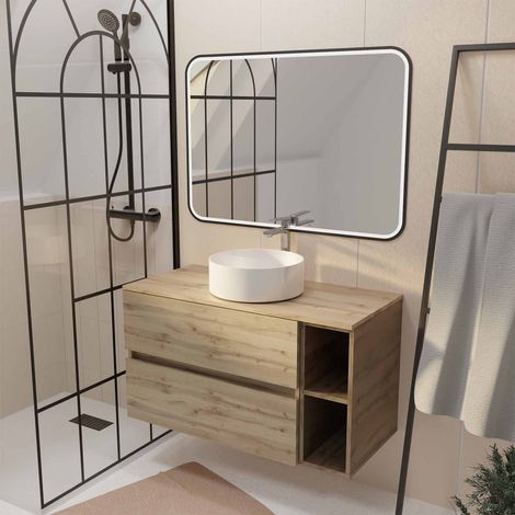 Mobile da bagno 100 cm TIMBER Effetto Rovere 2 Cassetti Lavabo Bianco Specchio LED 100x70