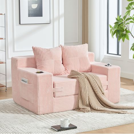 Divano pouf 151x133x64 cm 2 posti con tasche laterali e 2 cuscini, velluto a coste per salone - rosa (1/5)