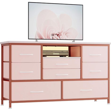 Meuble TV rose‑noir imitation saule 120 cm, prise LED 8 tiroirs tissu ports USB bois métal rangement salon chambre intérieur (1/5)