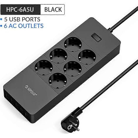 Rallonge multiprise avec port USB, protection contre les surtensions pour la maison et le bureau, filtre réseau intelligent 6AC 5USB noir. (1/4)