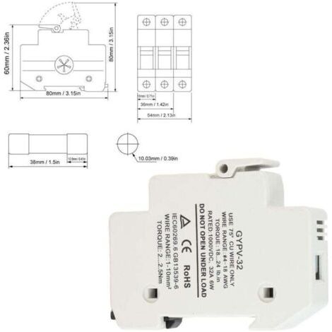 [JAMAIS UTILISÉ]Porte-Fusible Solaire PV, Base porte-fusible cylindrique 32A DC 1000V (1/3)