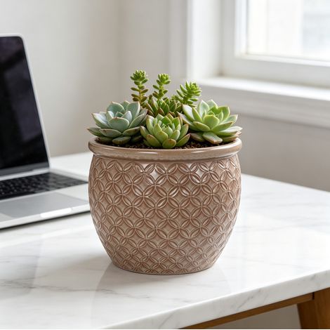 Vaso da fiori in ceramica Ø 23 cm beige lucido con rilievo per balcone – MEUBLIV (1/5)
