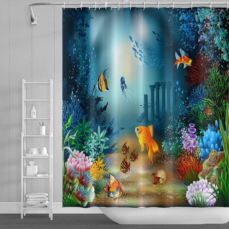 1 Rideau de douche, Motif poisson tropical, Polyester imperméable, 180x180cm, Pour salle de bains