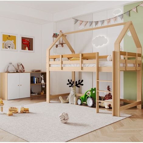 Kinder-Hochbett mit 2 Regalen und Schrank, Hausbett mit 3-stufiger Treppe, 90x200 cm, Natur/Weiß (1/2)