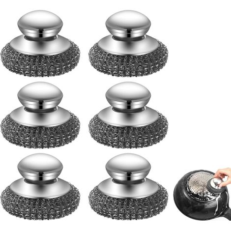 Juego de 6 estropajos de acero inoxidable en espiral – estropajo de lana de acero con mango de acero inoxidable – ideal para la suciedad incrustada en ollas y sartenes – fabricado con acero inoxidable