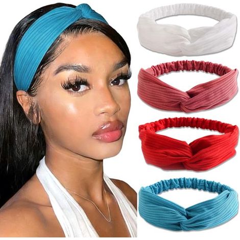 Ensemble de 4 bandeaux pour femme - Bandeaux femme - Bandeaux en forme de croix - Bandeaux élastiques - Bandeaux de yoga - Accessoires pour cheveux - Multicolore - Coton tricoté multicolore (1/5)