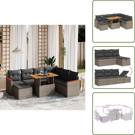 Salon de jardin 8 pcs avec coussins gris résine tressée - Ensemble Salon De Jardin - Mobilier Extérieur - Résine Tressée - Rotin Synthétique - Table Extensible (1/5)