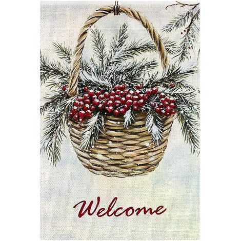 Drapeau de bienvenue unique pour jardin, avec fleurs de houx et baies rouges, pour Noël et décoration extérieure de cour (mât non inclus). (1/5)
