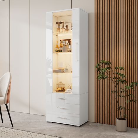 Vitrine Blanche Brillante, Meuble Présentoir en Verre avec Éclairage LED, Vitrine Verticale à 3 Tiroirs, 60x35x180 cm (1/5)