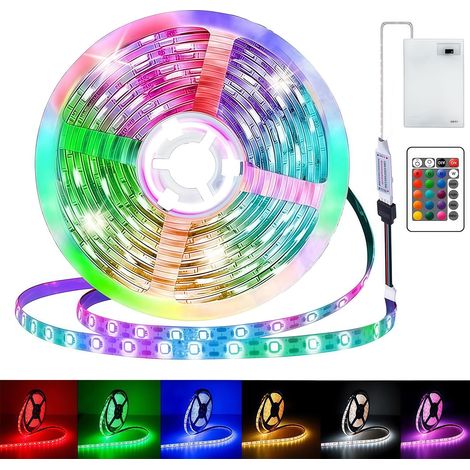 5M de bande LED alimentée par batterie, bande lumineuse LED RGB 5050 autocollante à 16 changements de couleur, bande lumineuse autocollante avec télécommande pour placards, escaliers, cuisine, lits (1/5)