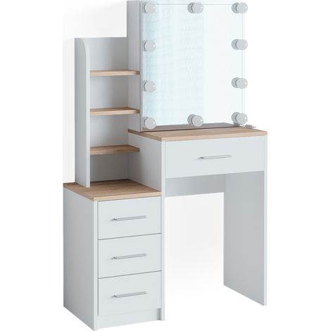 Tavolo da toeletta Conrada, Bianco/Sonoma, 80 cm con illuminazione a LED, Vicco