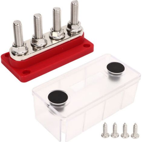 Bloc de Distribution d'énergie à 4 poteaux, barre de Bus de batterie à goujons M10 de 3/8 pouces avec couvercle DC12V à 48V 300A pour voitures, bateaux, camping-cars rouge (1/4)