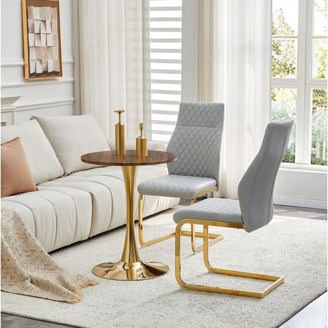 Set tavolo rotondo 60 cm in MDF effetto noce con 2 sedie grigio chiaro e struttura dorata (1/5)