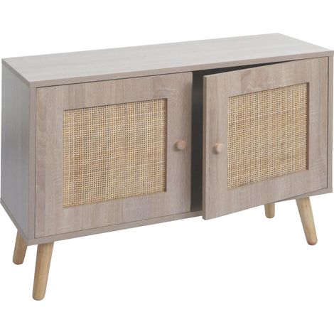 [NEUWERTIG] Kommode HHG-216, Sideboard Schrank Highboard, Staufächer, Kubu Rattan Holz Melamin, Eiche-Optik