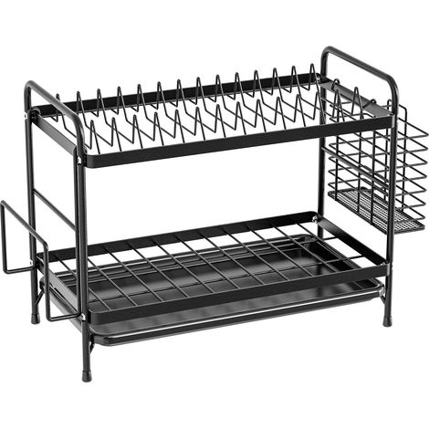 Escurridor de platos de acero inoxidable de doble capa con bandeja de drenaje, compacto, con soporte para cubiertos y tabla de cortar, ideal para encimeras, negro.