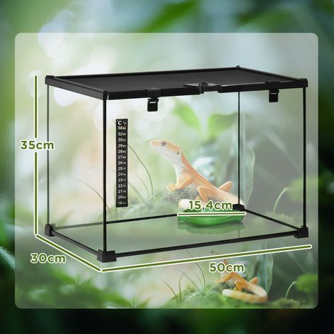 Terrarium für Reptilien Reptile Fütterungsbox Glasterrarium Amphibien Spinnentiere mit Thermometer Reptilienzuchtbox für Schnecken Amphibien Insekten Schildkröten Schwarz 50 x 30 x 35 cm (1/5)