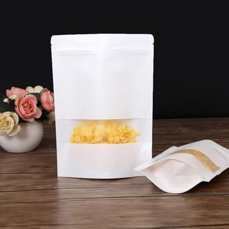 10 sachets Doypack en Mylar refermables avec fenêtre transparente, refermables, pour la conservation des aliments, grains de café, noix, thé, bonbons, biscuits (noir, blanc, 24 x 16 cm) (1/3)