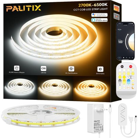 Ruban LED COB CCT Blanc Réglable 5m, CRI90+ 3200 LED à Intensité Variable 2700K-6500K 24V Kit de bandes lumineuses LED, fonctionne avec Alexa/Google Assistant, pour Armoire Chambre Cuisine DIY (1/5)