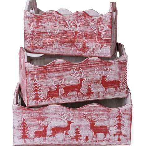 Cassetta rossa in abete, set di 3, 32x16x12/14 cm (1/2)