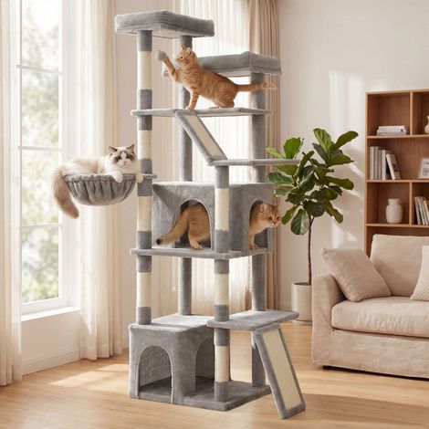 Grand Arbre à Chat, Griffoir Robuste, pour Chats d’Intérieur, Tissu Peluche, Gris Clair (1/5)
