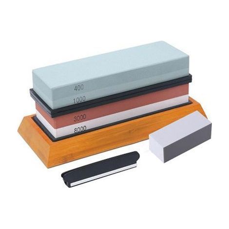 Kit completo de afilado de cuchillos con 2 piedras (grano 400/1000 y 3000/8000), base antideslizante de bambú y guía de ángulo incluida. (1/4)