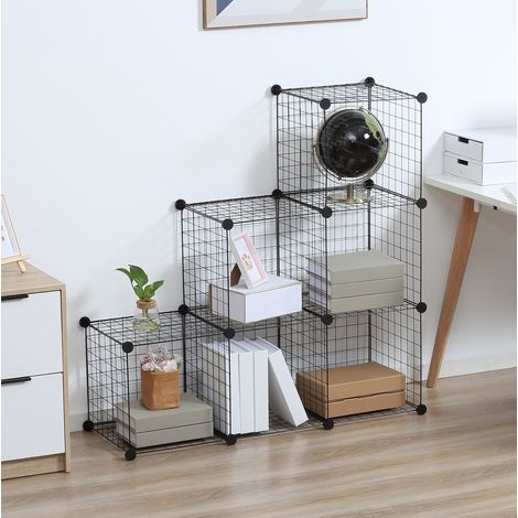 Étagère cube modulable 109x37x109 cm en métal noir, 6 compartiments, gain de place – MEUBLIV (1/5)