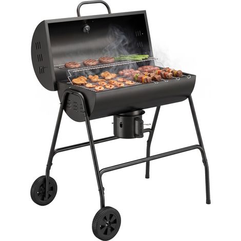 Barbecue à charbon métallique fumoir, chariot avec couvercle, thermomètre et roulettes, 95x71,5x102 cm, Noir (1/5)
