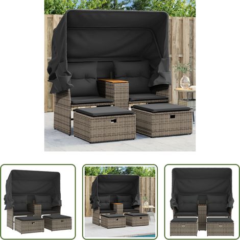 Sonnendach - Gartensofa 2-Sitzer mit Dach und Hockern Grau Poly Rattan (1/5)