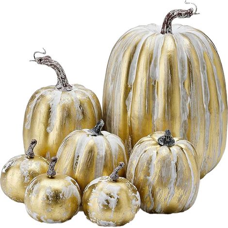 Lot de 7 citrouilles artificielles en mousse, peinture brillante, légères, créatives et réutilisables, pour décoration, couleur or jaune (1/5)