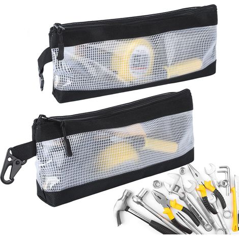 Kit di attrezzi portatile compatto da 2 pezzi, piccolo contenitore per attrezzi in tessuto Oxford impermeabile, borsa trasparente con cerniera e gancio, ideale per idraulici ed elettricisti, bianco