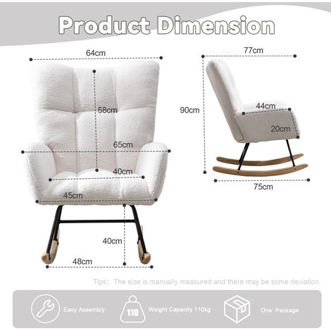 Fauteuil à bascule en tissu Teddy avec poche, fauteuil à bascule doux pour chambre d'enfant, fauteuil à bascule confortable à oreilles avec base sécurisée en bois massif, salon, blanc (1/5)