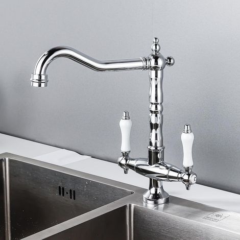 Robinet de Cuisine, mitigeur d'évier rétro pivotant à 360°, Double Levier, Arc élevé, Finition élégante pour Une décoration intérieure Moderne (1/2)