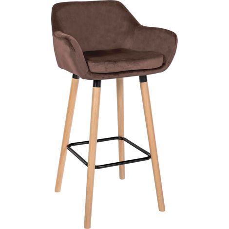 Sgabello da bar x1 design scandinavo velluto marrone struttura in legno poggiapiedi in metallo 100006213