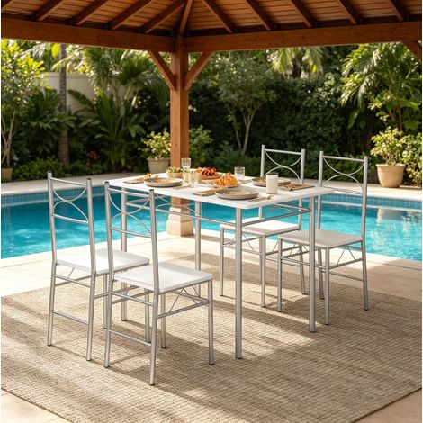 CHICFURN Set tavolo da pranzo con 4 sedie 110 x 70 x 76 cm MDF e ferro bianco argento (1/5)