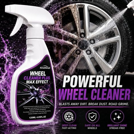 Der KineShineX Powerful Wheel Cleaner entfernt Schmutz, Rost und Ölfilm von Autoreifen und Felgen sowie selbst hartnäckige Bremsbeläge. (1/5)