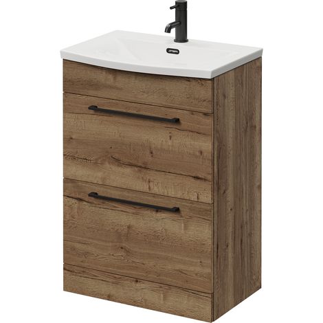 Napoli 390 Tobacco Oak 600mm 2 Drawer Vanity Unit with Arc Basin - 600mm - Matt Black 320mm Handle