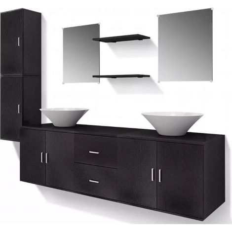 Meuble de salle de bain 11 pièces bois laqué noir Val (1/5)