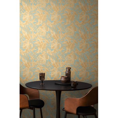 Papier peint intissé feuille et palmier, style tropical aux tons bleu et or - 10,05 x 0,53 m - collection Cosmopolitan (1/5)