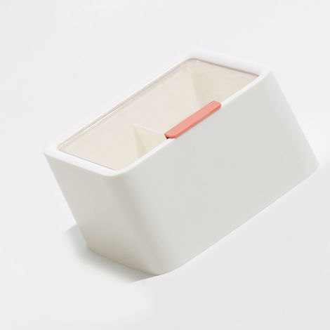 Staubdichte Kosmetikaufbewahrungsbox aus Kunststoff mit zwei Fächern und Deckel, ideal für Make-up, Wattestäbchen und Zahnseide (weiß). (1/4)