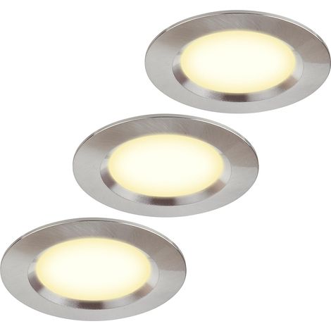 Lot de 3 spots LED encastrables ultra plats pour meubles - 12 V - 3 W - Découpe du trou : 55 mm - Avec câble de 2 m - IP44 - Pour armoires à miroir, vitrines, meubles et armoires (acier (1/5)