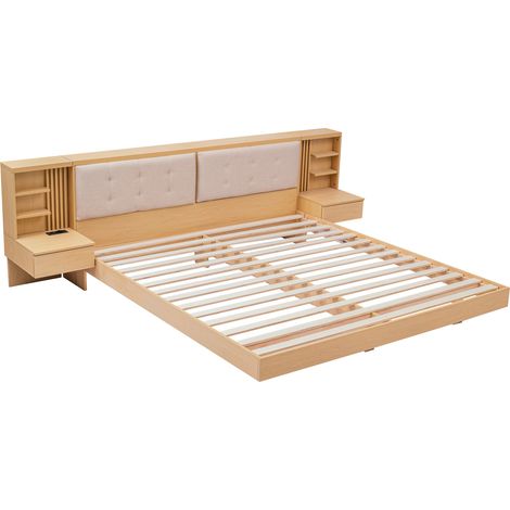 Schwebendes Bett 180 x 200 cm mit Stauraum-Kopfteil, USB und Steckdosen, Natur-Eiche, MODENUIT (1/5)