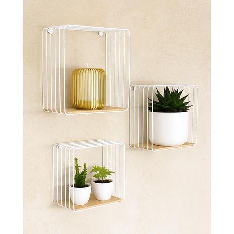 Étagère Murale en métal Noir ou Blanc avec Bois de Bambou – Facile à accrocher – Étagère Murale décorative Noire – Petite étagère Murale (Blanc) (1/5)