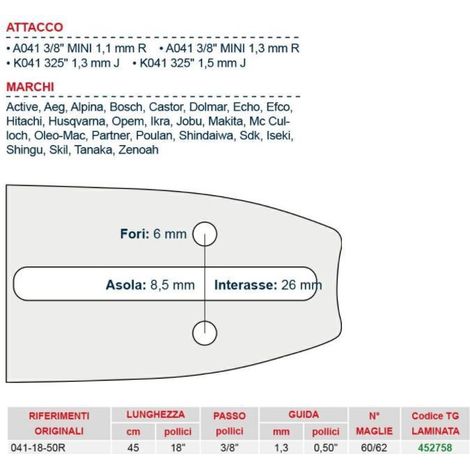 Barra de motosierra de 45 cm de longitud para eslabón de cadena 60 452758