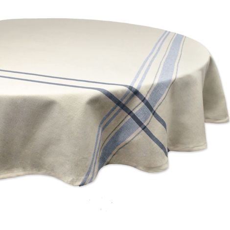 Nappe de Table à Manger à Rayures françaises, Style Farmhouse, 177,8 cm de diamètre, Taupe/Bleu (1/5)