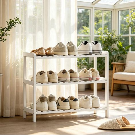 Zapatero de 3 niveles en madera y MDF 70 x 26 x 57,5 cm blanco HAVRYA (1/5)