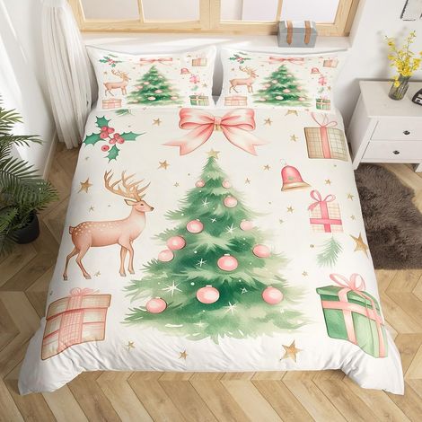 Housse de Couette Noël pour Enfant Fille, Parure de Lit 140x200 Adulte Arbre de Noël À Nœuds Roses, Sets de Housses de Couettes Noël Rose, Couvre Lit Flocon de Neige Renne d'hiver - 140x200cm + 1 Taie (1/5)