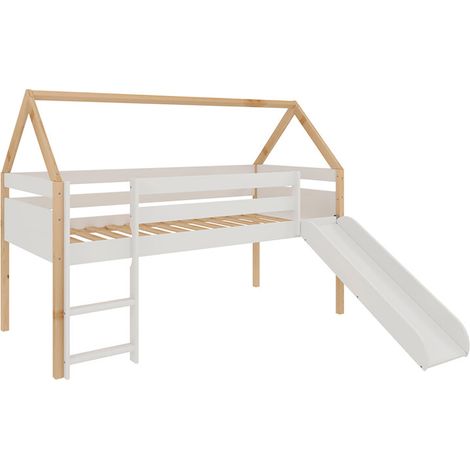 Lit enfant style maison avec toboggan et échelle coloris Bois et Blanc - Longueur 195 x Hauteur 145 x Profondeur 97 cm (1/5)