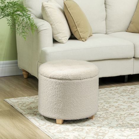 Banc coffre rond Ø45 x 41 cm en polyester crème, structure en bois, pour entrée – MEUBLIV (1/5)